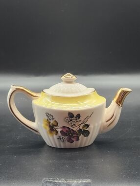 Vintage Gibson Staffordshire English Teapot White Floral Design & Gold Accents
